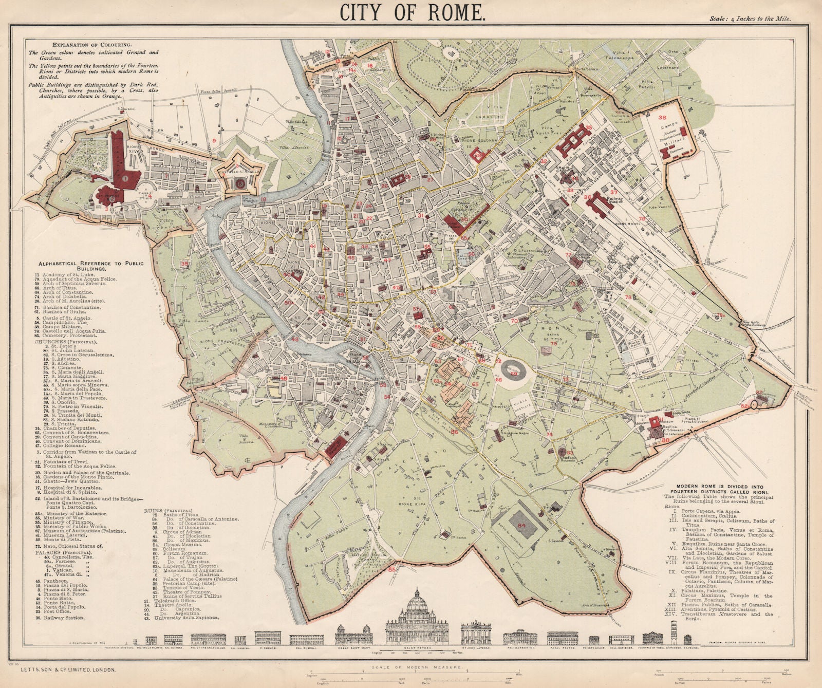 ROME ROMA. Antique town city map plan. Building profiles. LETTS 1889 old